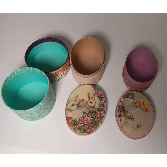 Set of 3 Easter Bunny Rabbit Chicks Oval Boxes Home Decor Gift Victorian Lace - Picture 9 of 13